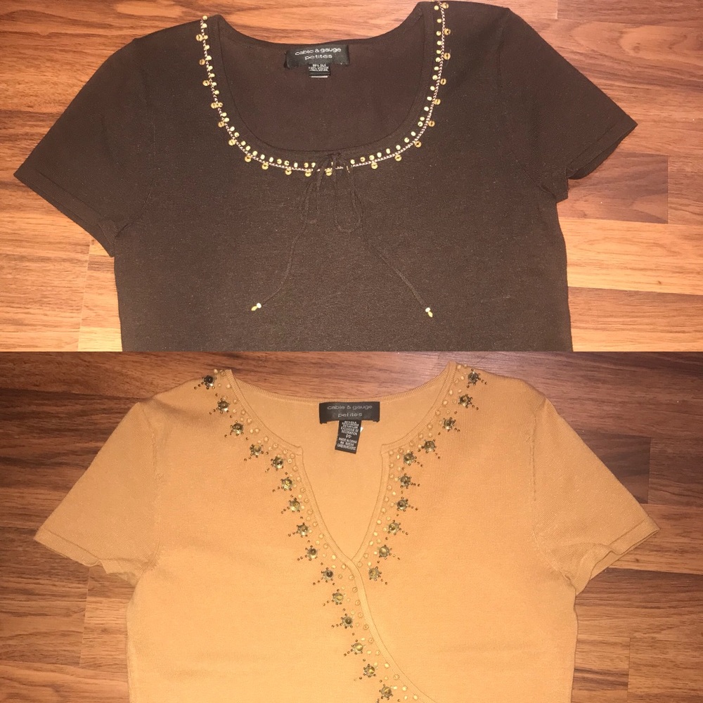 Lot of 2 SILK Knit Beaded Short Sleeve Faux Wrap